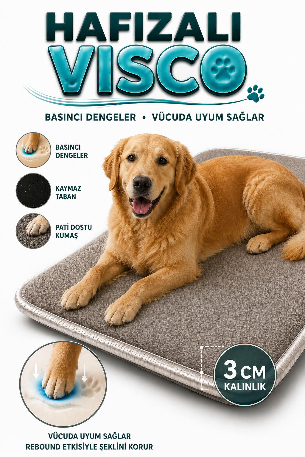 Visco Kedi Köpek Yatağı – 3 CM Hafızalı Sünger, Pati Dostu Vizon Kumaş