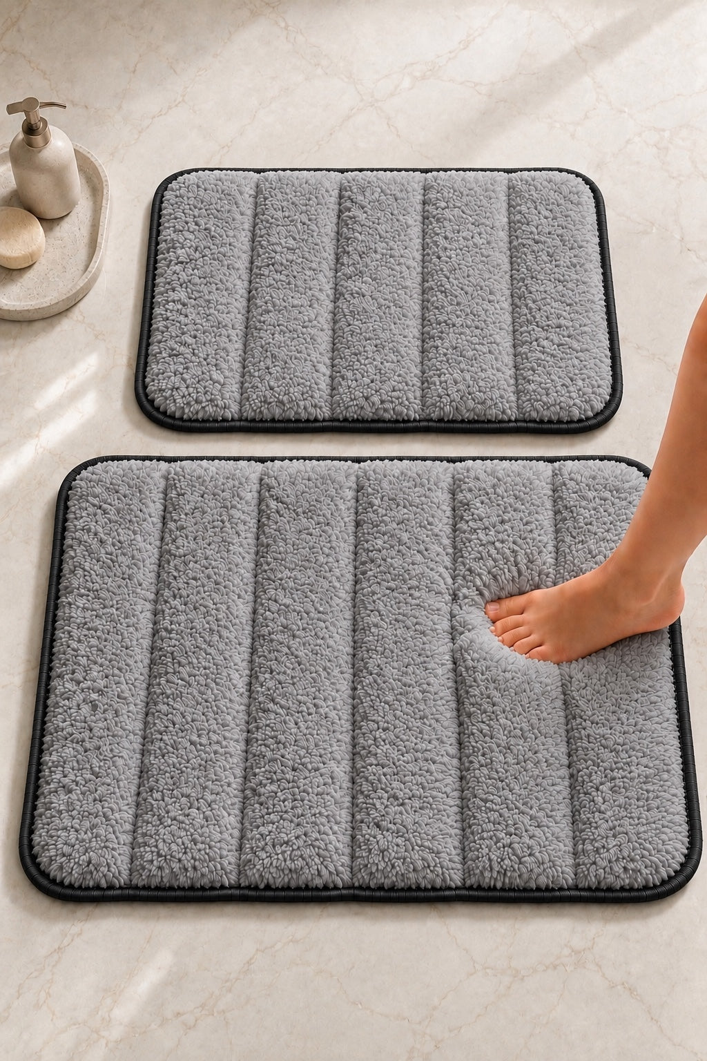 Süngerli Banyo Paspası Seti Kaymaz Taban - Gri Peluş