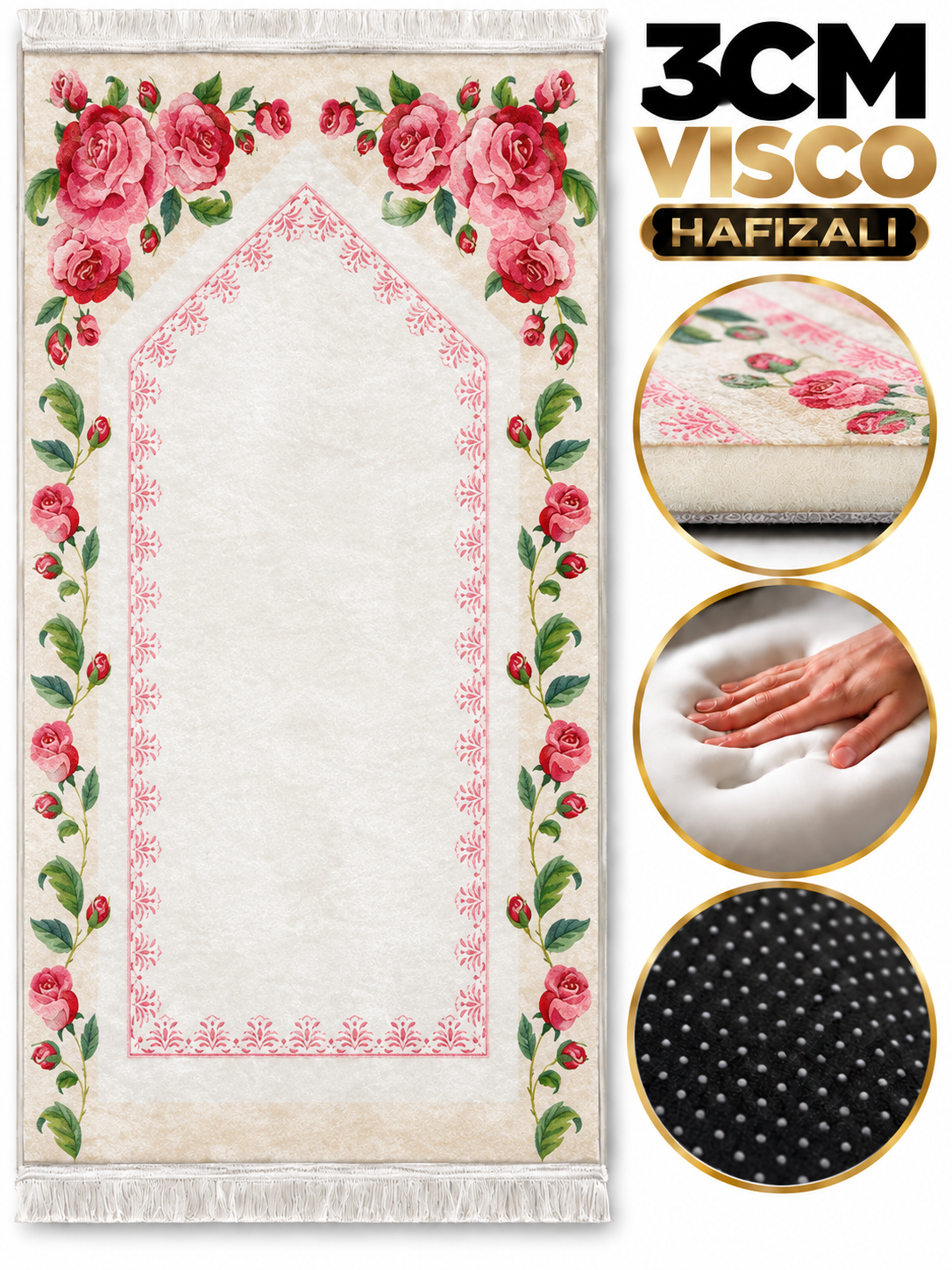 3 CM Süngerli Ortopedik Visco Seccade - Pembe Çiçek