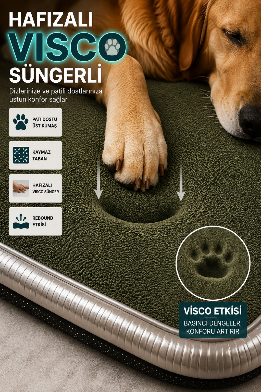Visco Kedi Köpek Yatağı – 3 CM Hafızalı Sünger, Pati Dostu Haki Kumaş