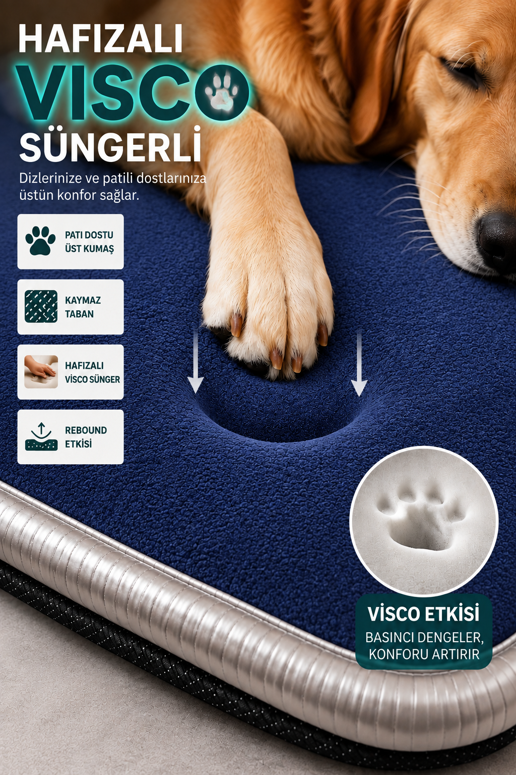 Visco Kedi Köpek Yatağı – 3 CM Hafızalı Sünger, Pati Dostu Lacivert Kumaş