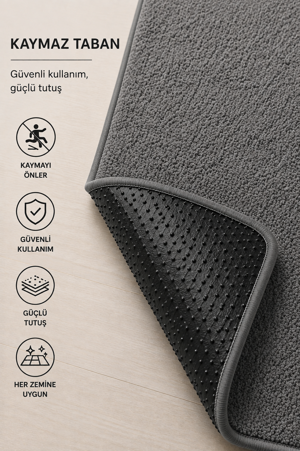 Peluş Kaydırmaz Halı | Salon, Yatak Odası ve Oturma Odası Halısı Gri