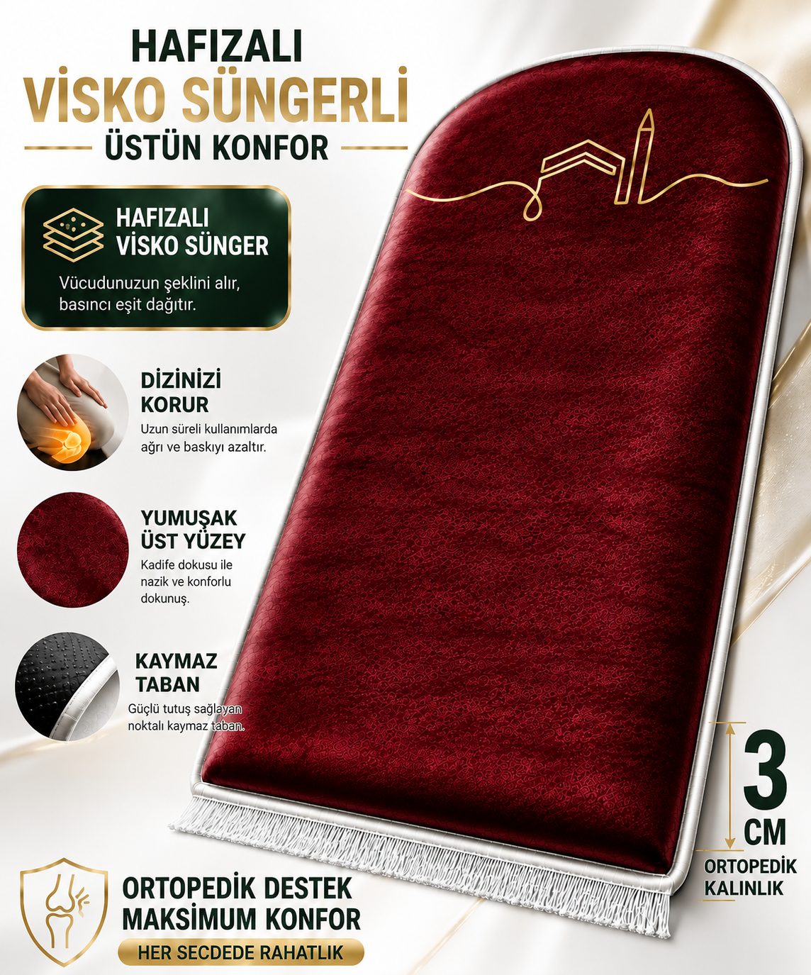 3 CM Süngerli Ortopedik Visco Seccade - Bordo Kadife