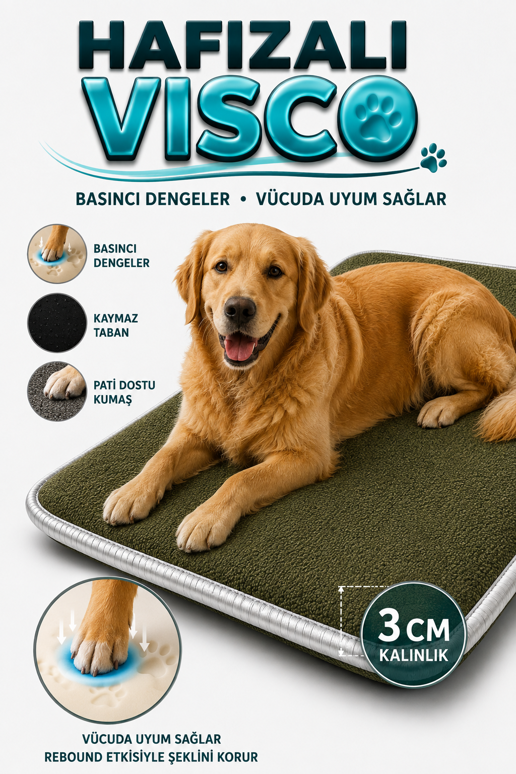 Visco Kedi Köpek Yatağı – 3 CM Hafızalı Sünger, Pati Dostu Haki Kumaş