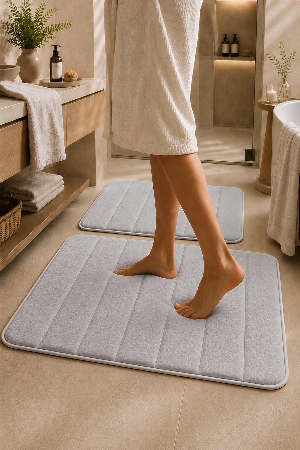 Süngerli Banyo Paspas Seti 2'li - Gri (60x80 cm & 40x70 cm)