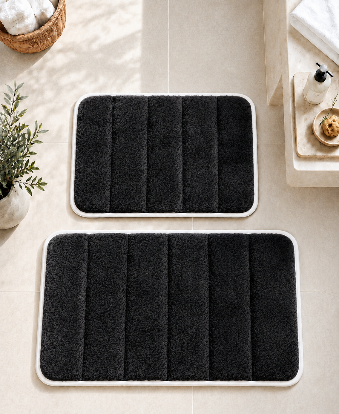 Süngerli Banyo Paspası Seti Kaymaz Taban - Siyah Peluş
