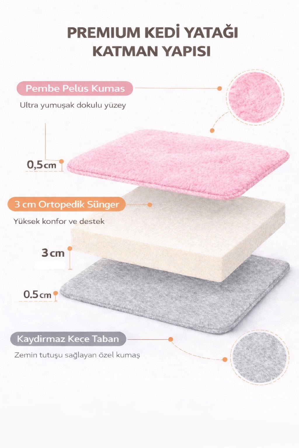 3 CM Süngerli Ortopedik Kedi Köpek Yatağı Pembe Welsoft – Kaymaz Tabanlı Peluş Pet Mat Minderi