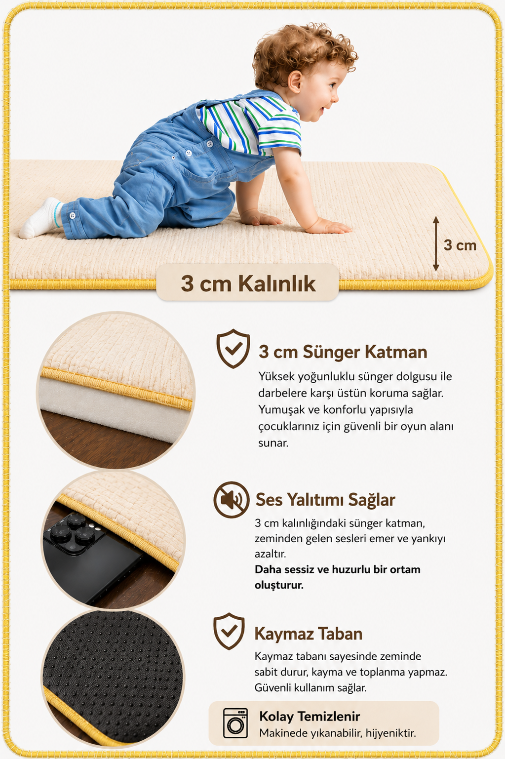 3 cm Süngerli Müslin Bebek Oyun Matı – Kaymaz Tabanlı Pamuk Krem