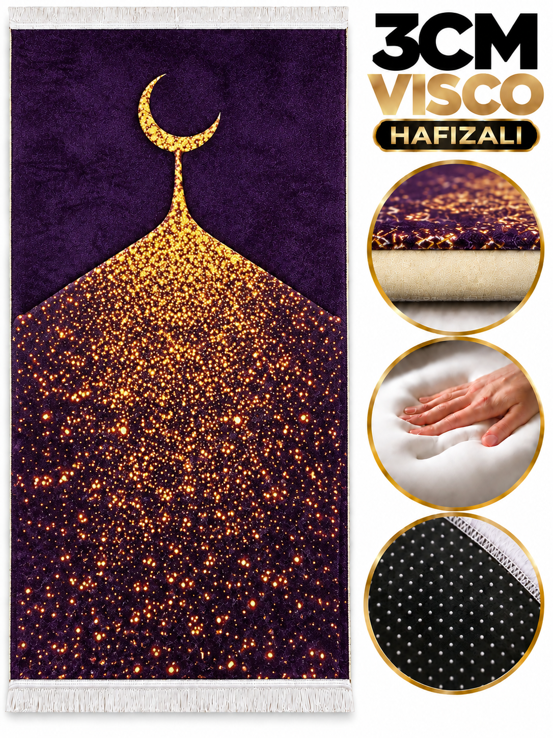 3 CM Süngerli Ortopedik Visco Seccade - Mürdüm Gold Hilalli Kadife