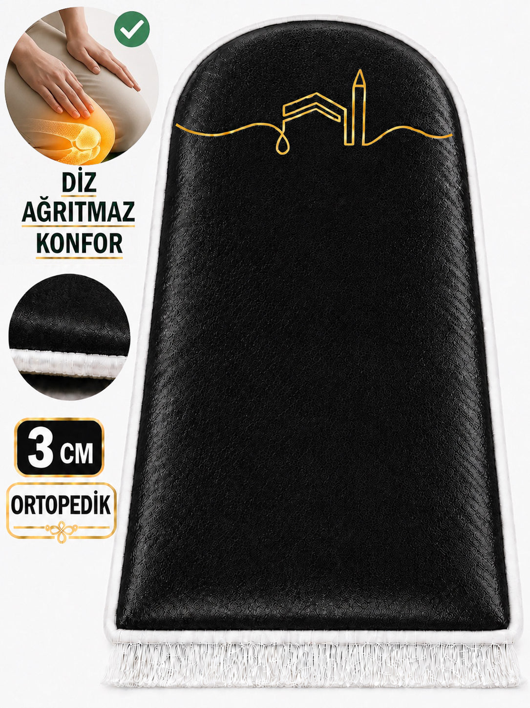 3 CM Süngerli Ortopedik Diz Ağrıtmaz Seccade - Siyah Kabe Kadife