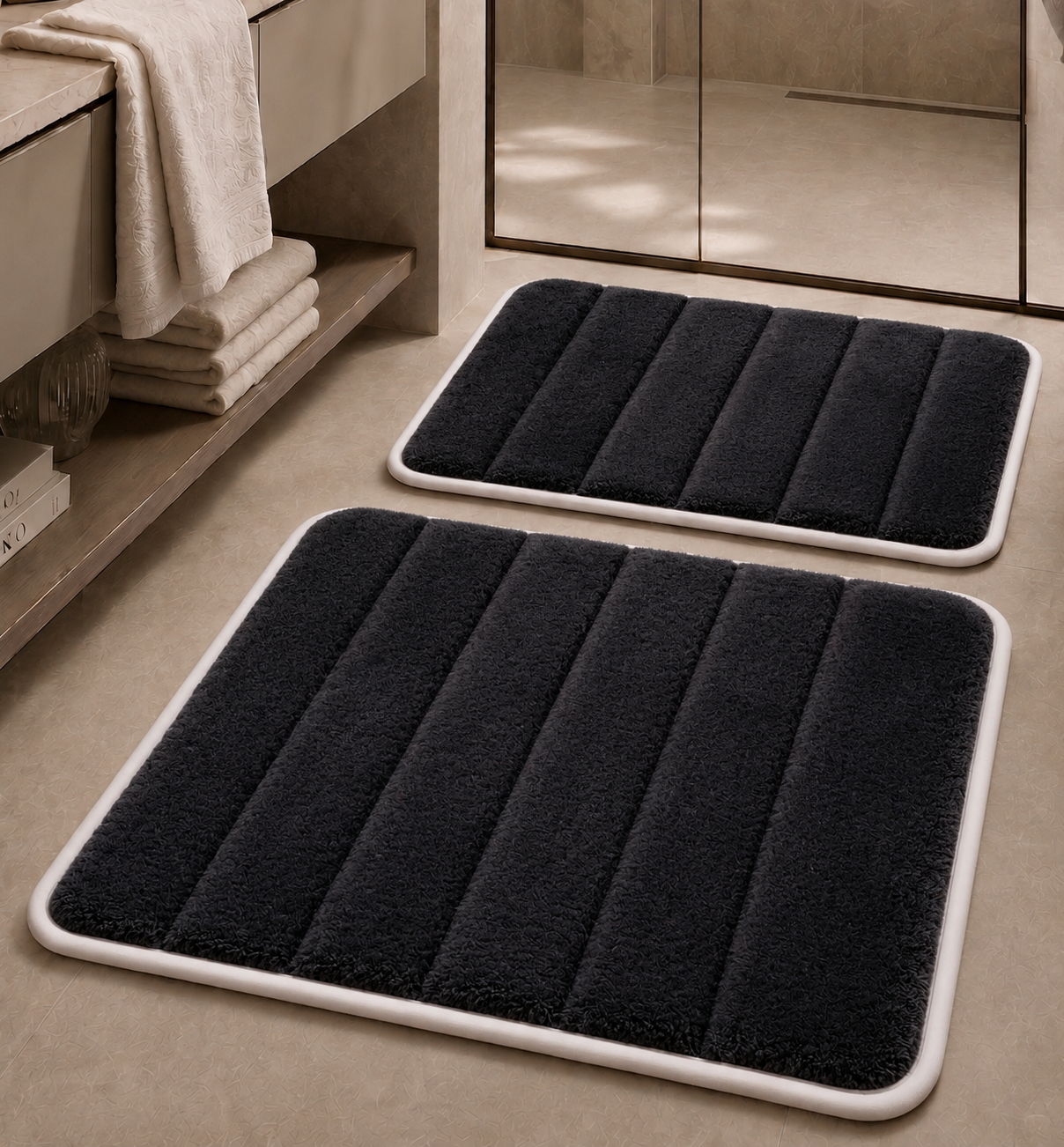Süngerli Banyo Paspası Seti Kaymaz Taban - Siyah Peluş