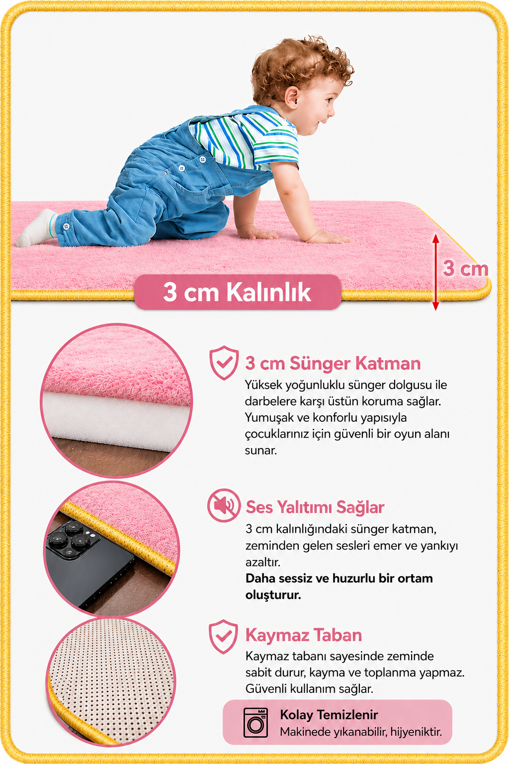 3 cm Süngerli Welsoft Bebek Oyun Matı | Kaymaz Taban Pembe