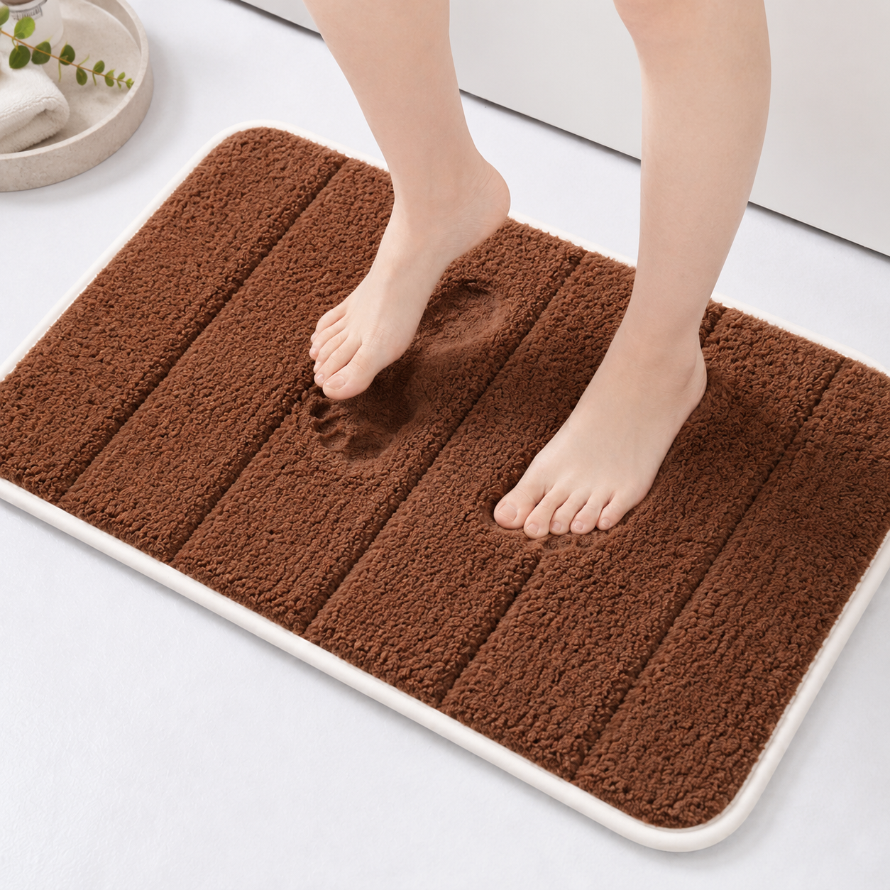 Süngerli Banyo Paspası Seti Kaymaz Taban - Kahverengi Peluş