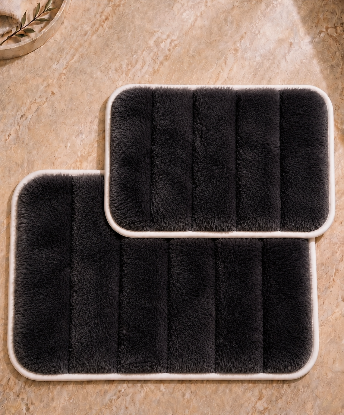 Süngerli Banyo Paspası Seti Kaymaz Taban - Siyah Peluş