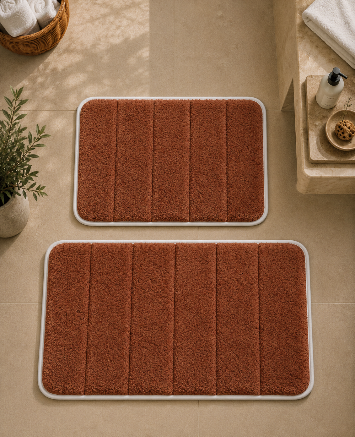 Süngerli Banyo Paspası Seti Kaymaz Taban - Kahverengi Peluş