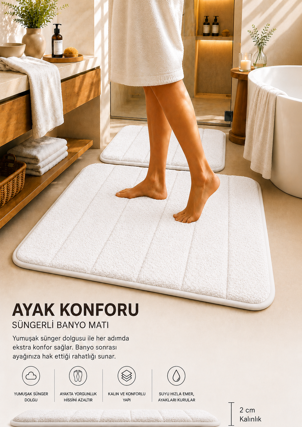 Süngerli Banyo Paspası Seti Kaymaz Taban - Beyaz Peluş