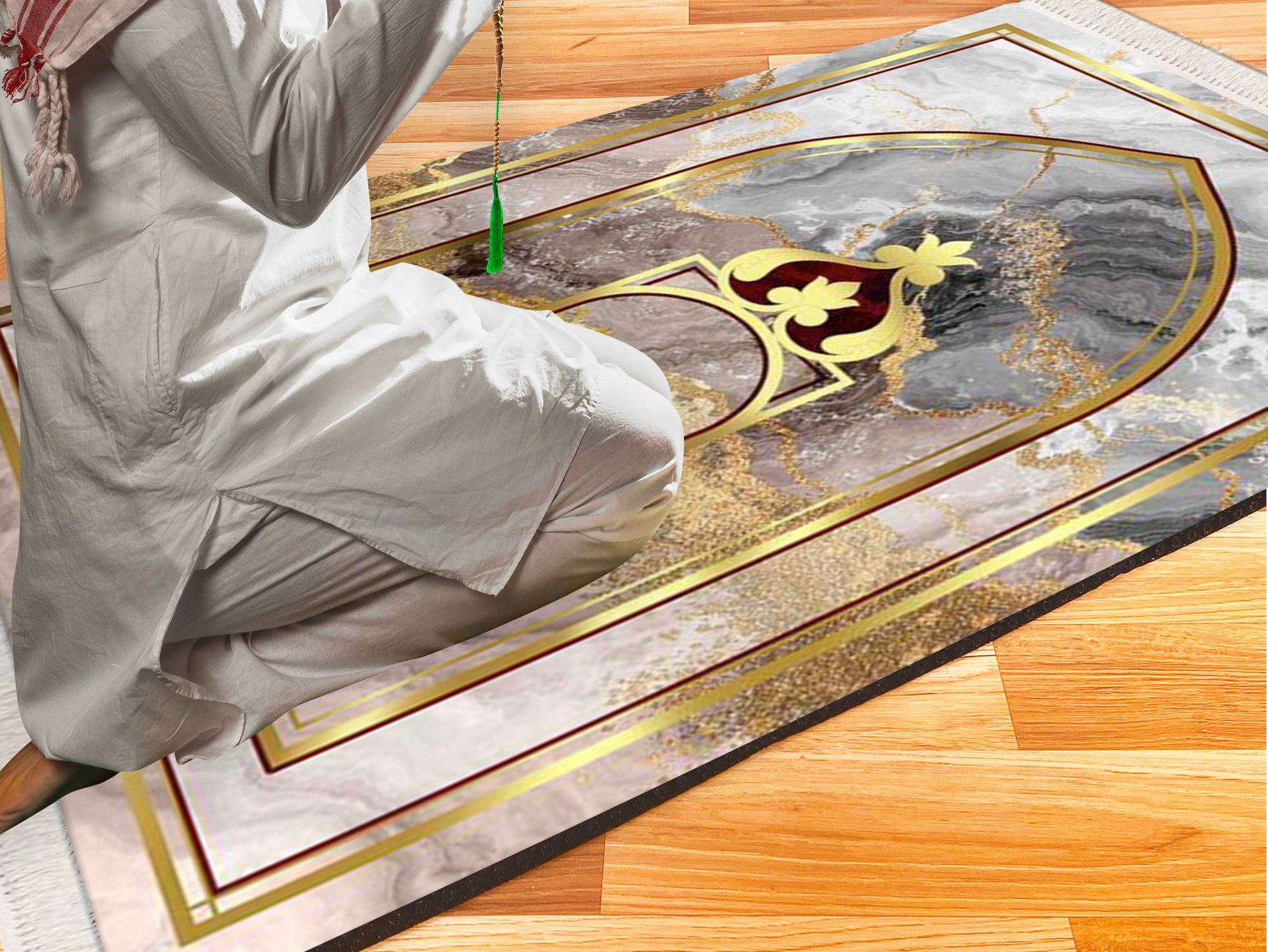 Gold Mermer Keten Astarlı Kadife Seccade - 70x120cm - Carpetella