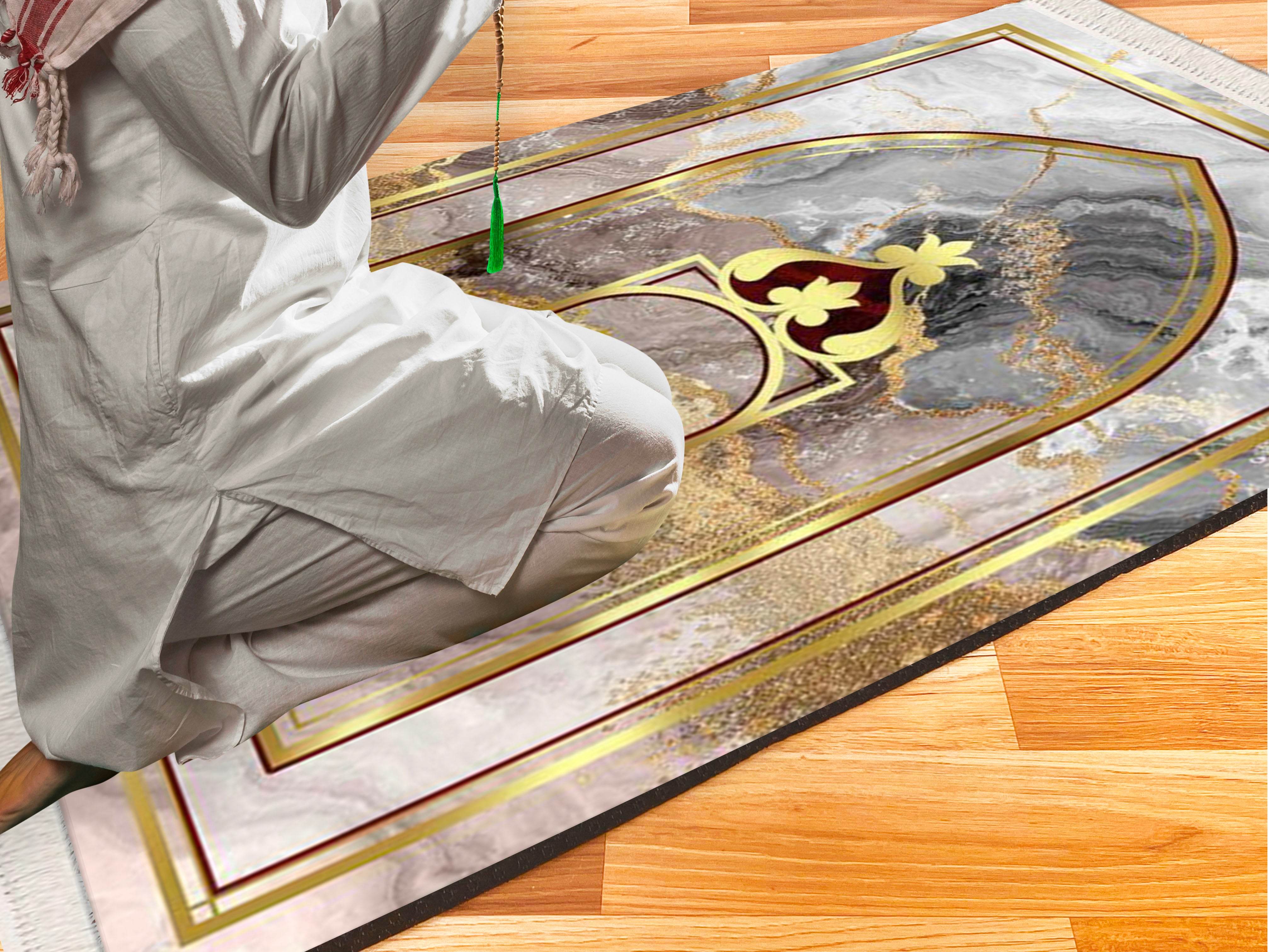 Gold Mermer Keten Astarlı Kadife Seccade - 70x120cm - Carpetella