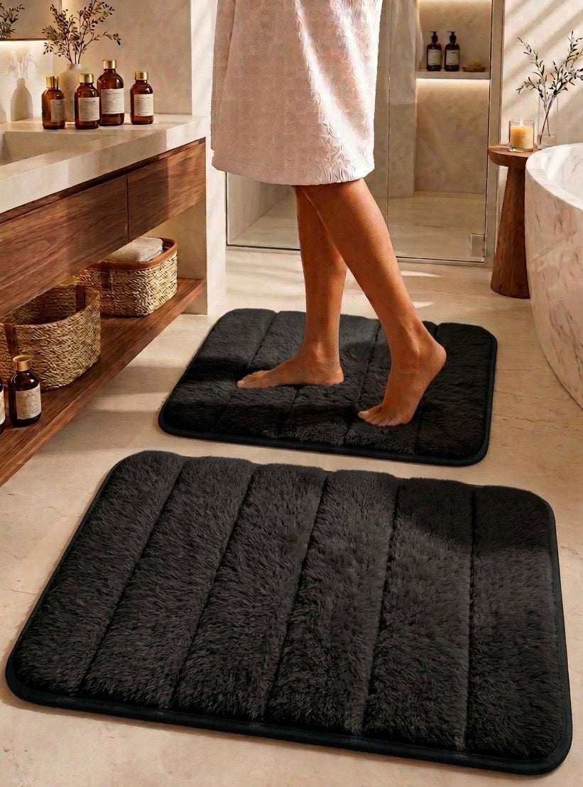 Süngerli Banyo Paspası Seti Kaymaz Taban - Siyah Peluş