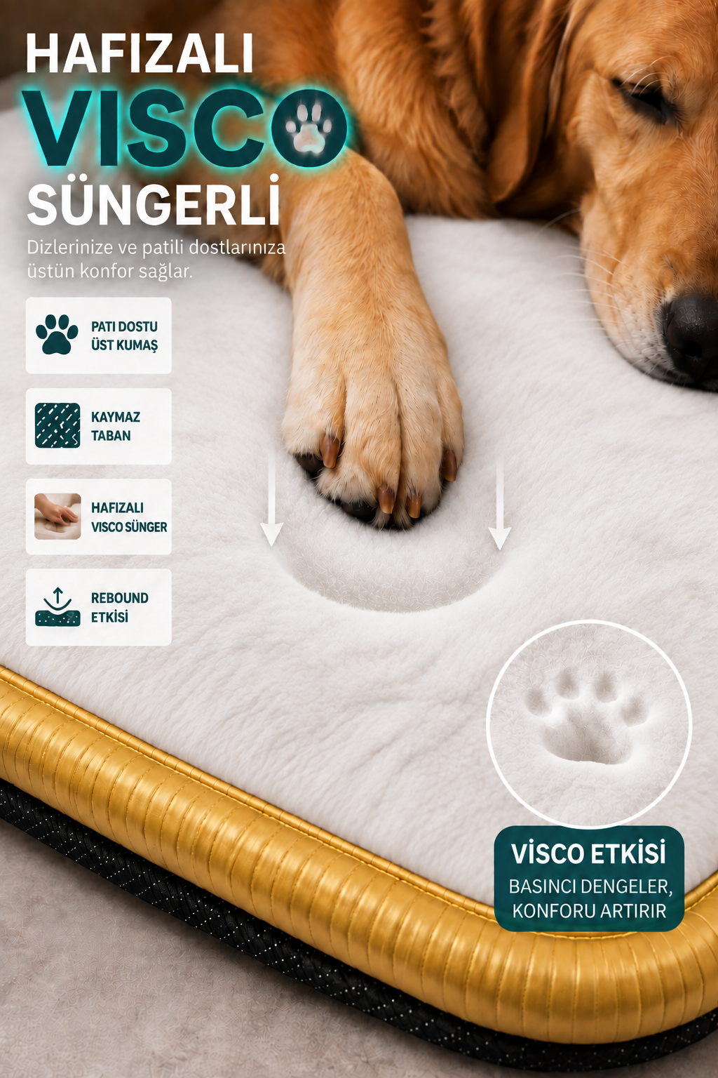 Visco Kedi Köpek Yatağı – 3 CM Hafızalı Sünger, Beyaz Welsoft Peluş