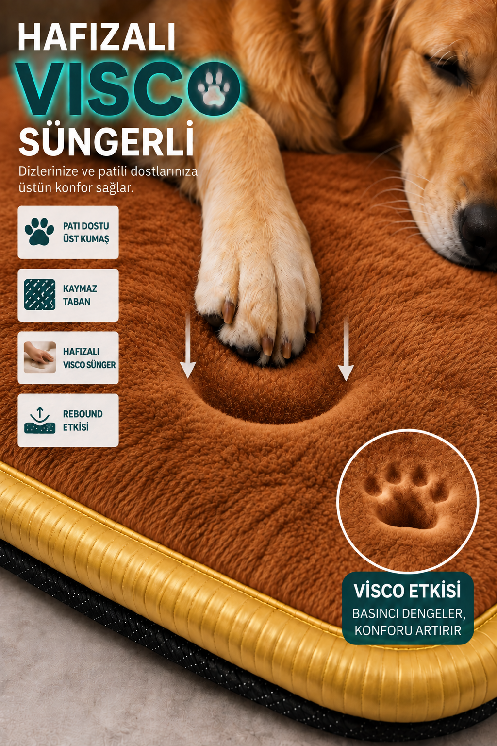 Visco Kedi Köpek Yatağı – 3 CM Hafızalı Sünger, Kahverengi Welsoft Peluş