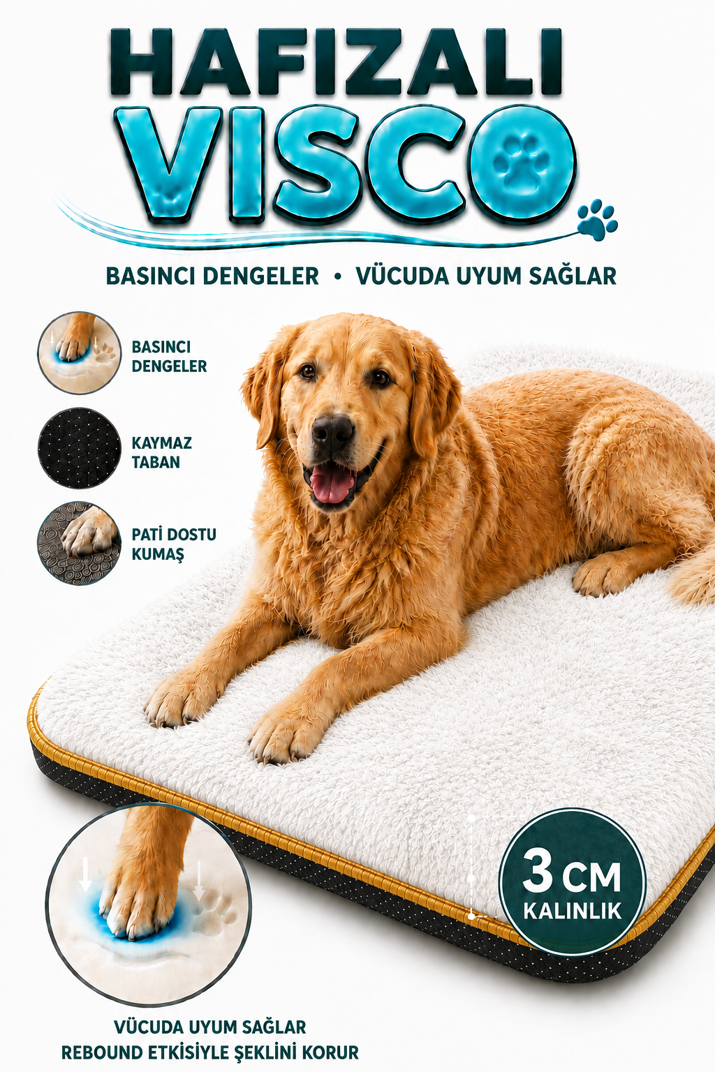 Visco Kedi Köpek Yatağı – 3 CM Hafızalı Sünger, Beyaz Welsoft Peluş