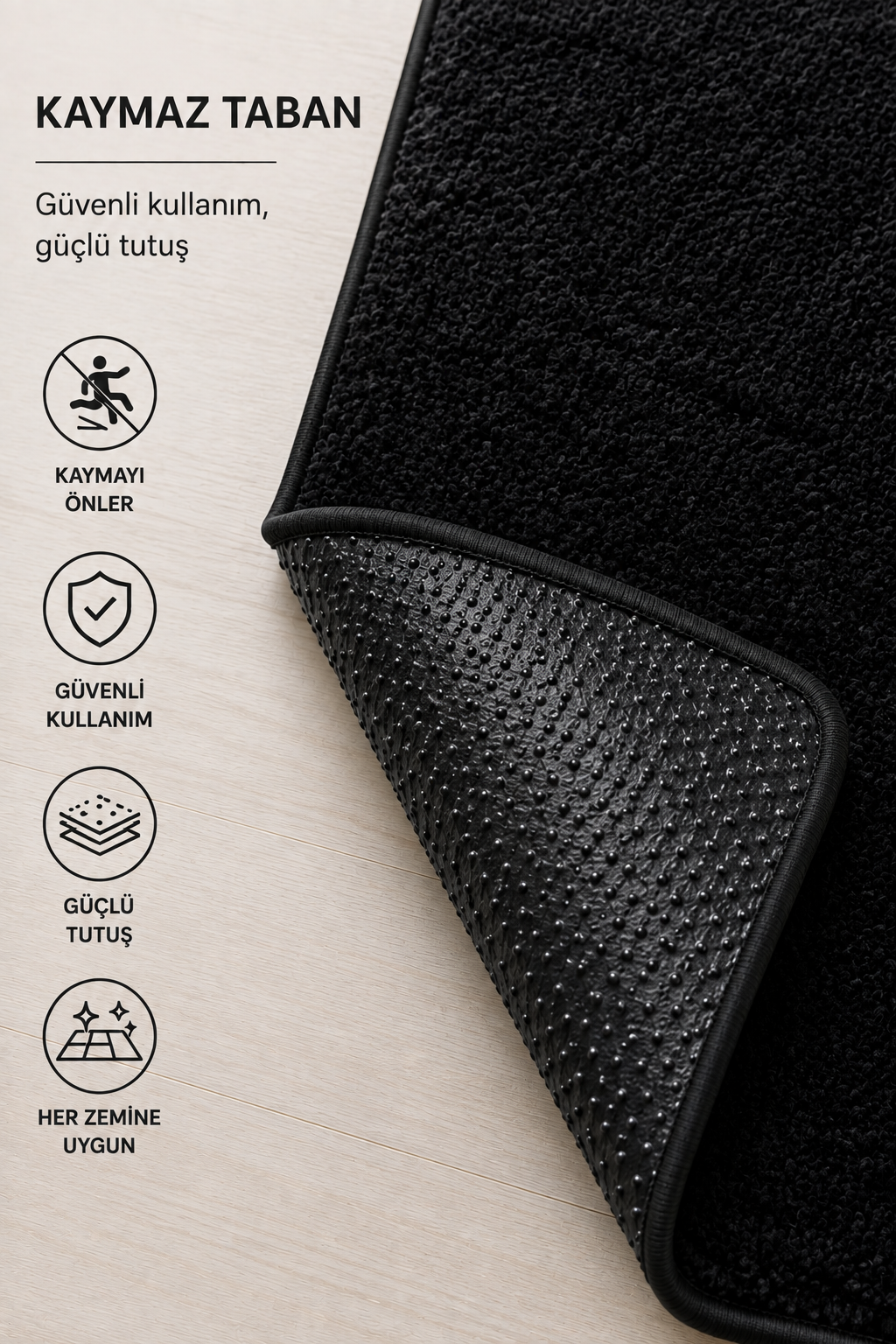Peluş Kaydırmaz Halı | Salon, Yatak Odası ve Oturma Odası Halısı Siyah