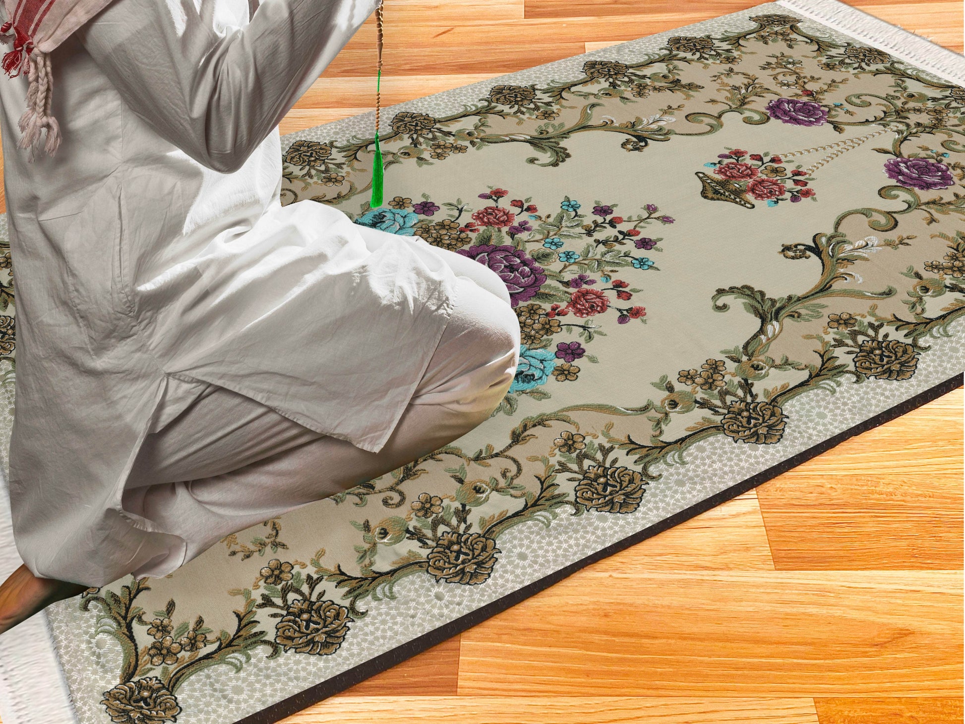 Renkli Çiçek Keten Astarlı Kadife Seccade - 70x120cm - Carpetella