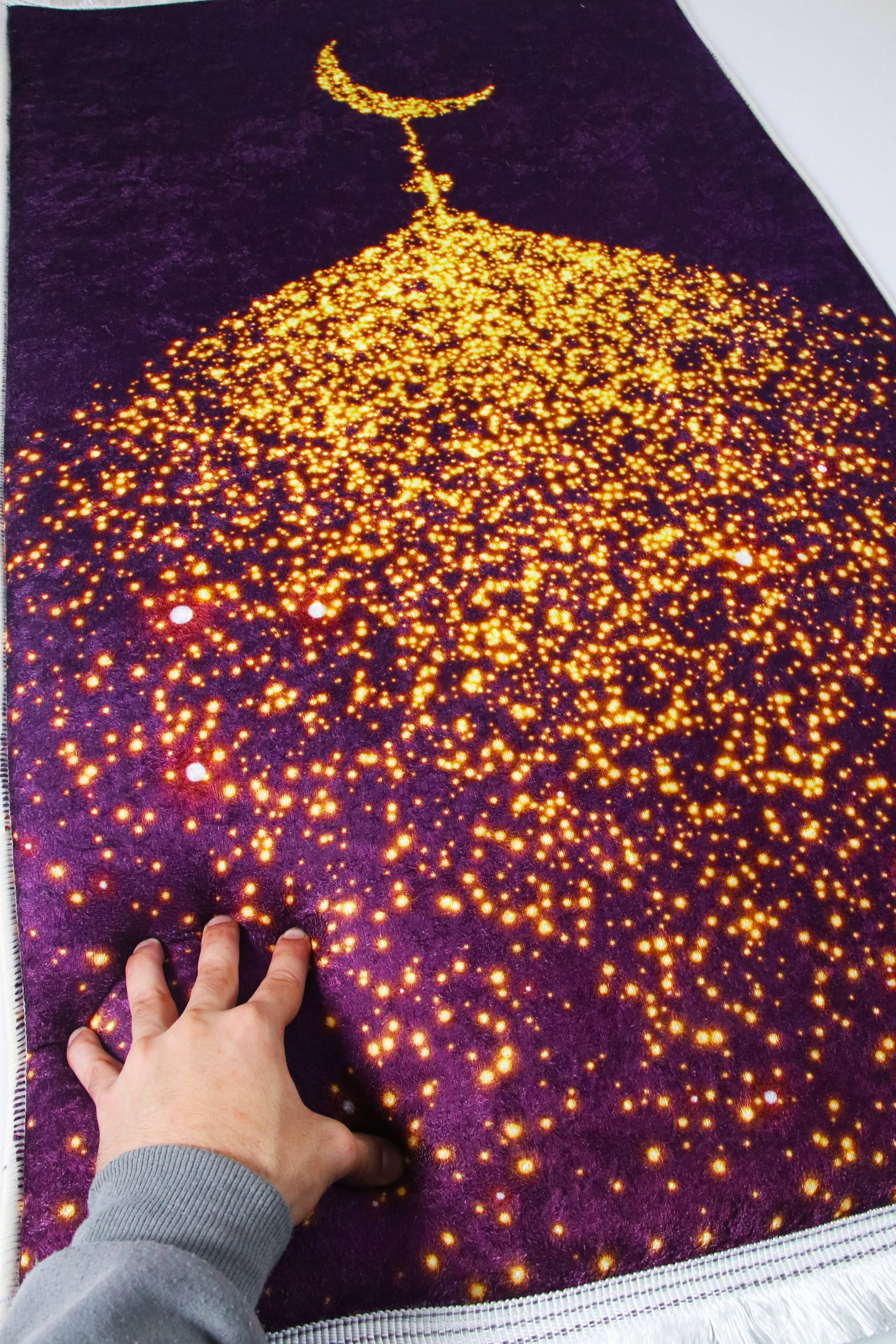 3 CM Süngerli Ortopedik Seccade - Mürdüm Gold Hilalli Kadife - Carpetella