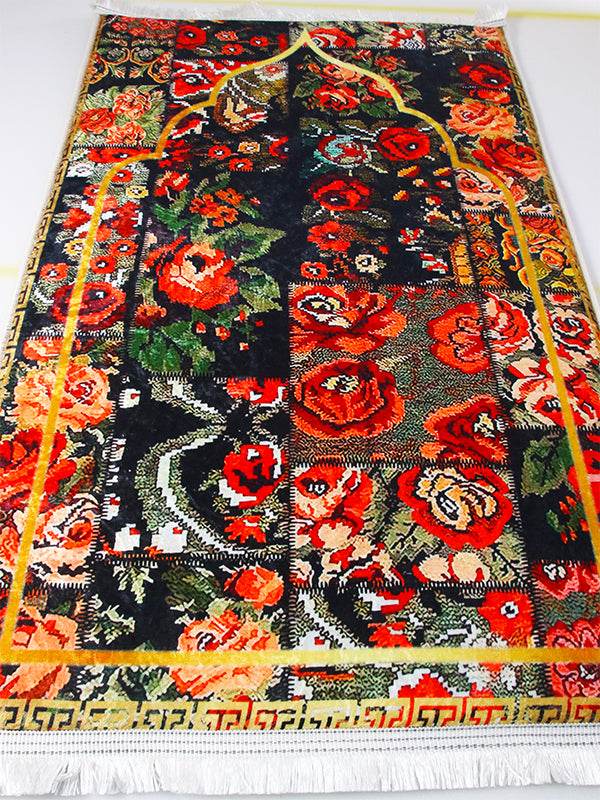 3 CM Süngerli Ortopedik Seccade - Çiçek Desenli Lüks Kadife Seccade - Carpetella