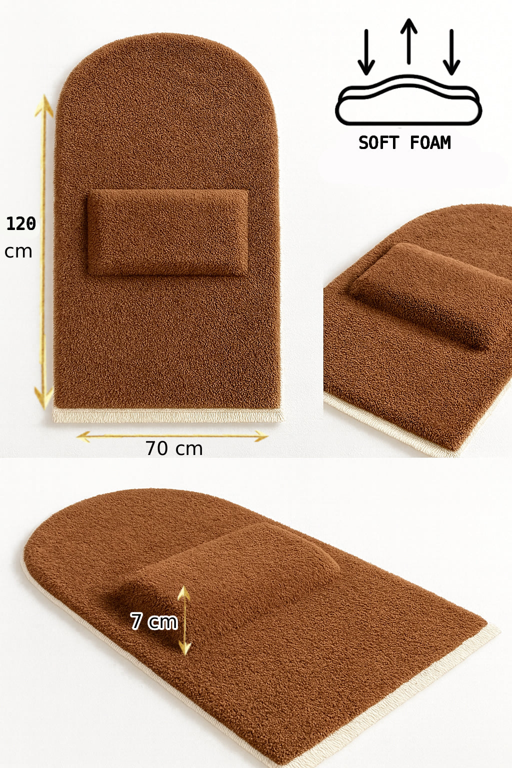 7 cm süngerli ortopedik peluş siyah seccade, kalın yapılı, yumuşak yüzeyli, kaymaz tabanlı, beyaz overlok kenarlı Carpetella seccade