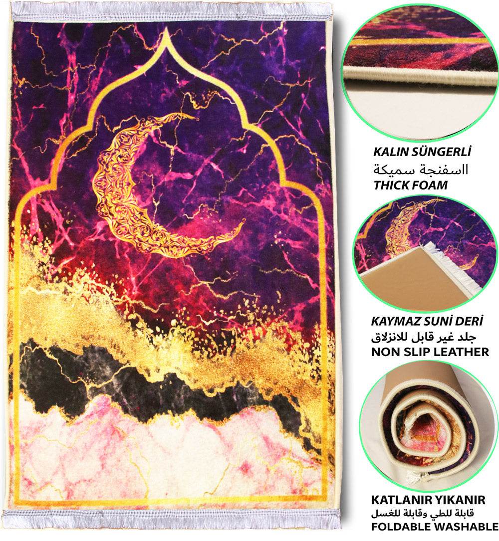 3 CM Süngerli Ortopedik Seccade - Mor Hilalli Lüks Kadife Ortopedik - Carpetella