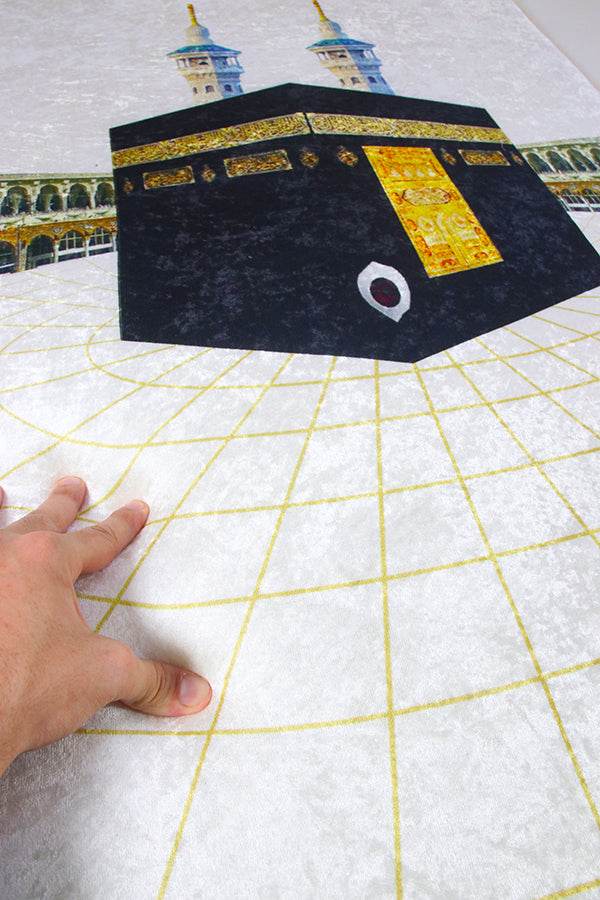 3 CM Süngerli Ortopedik Seccade - Beyaz Kabe Motifli Lüks Kadife Seccade - Carpetella