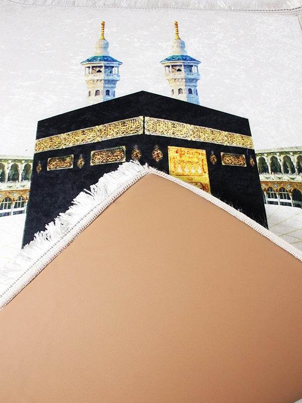 3 CM Süngerli Ortopedik Seccade - Beyaz Kabe Motifli Lüks Kadife Seccade - Carpetella