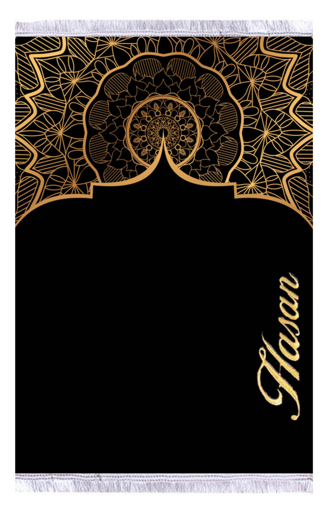 Siyah Sarı Desenli İsme Özel Keten Astarlı Lüks Seccade - Carpetella