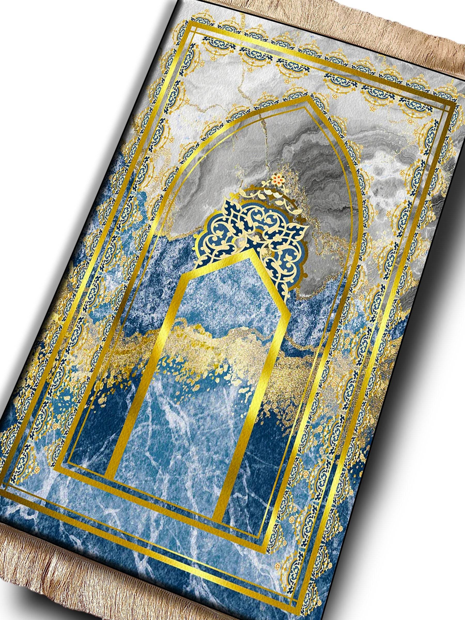 Mavi Gold Keten Astarlı Kadife Seccade - 70x120cm - Carpetella