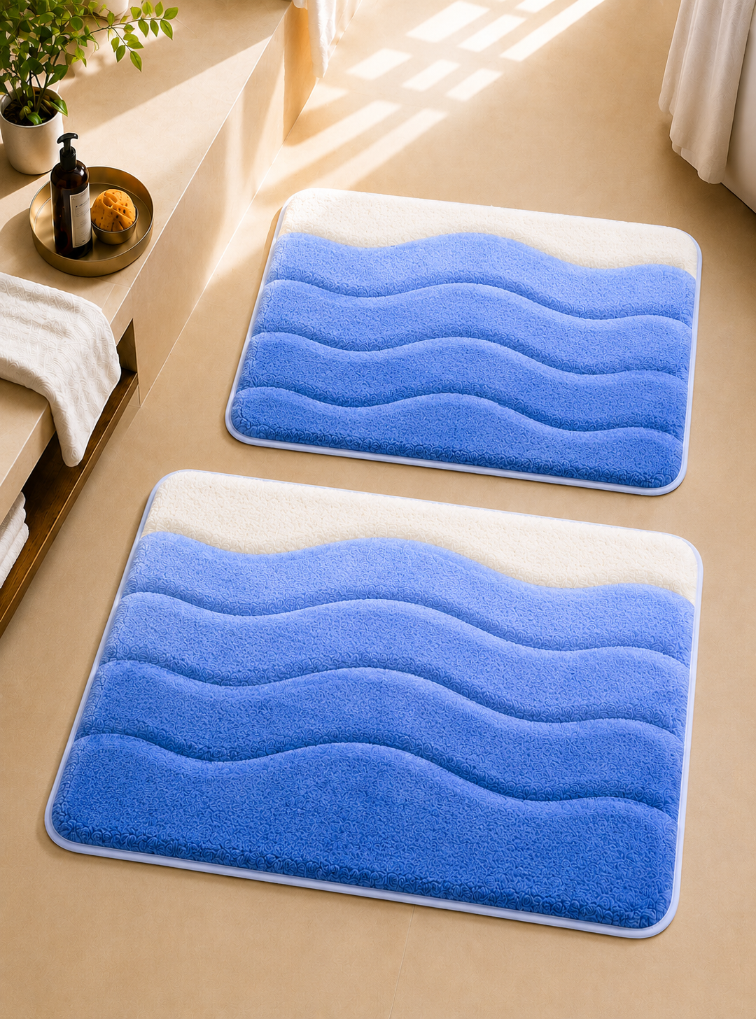 Süngerli Banyo Paspası Seti Kaymaz Taban - 2'li Banyo Halısı Takımı mavi