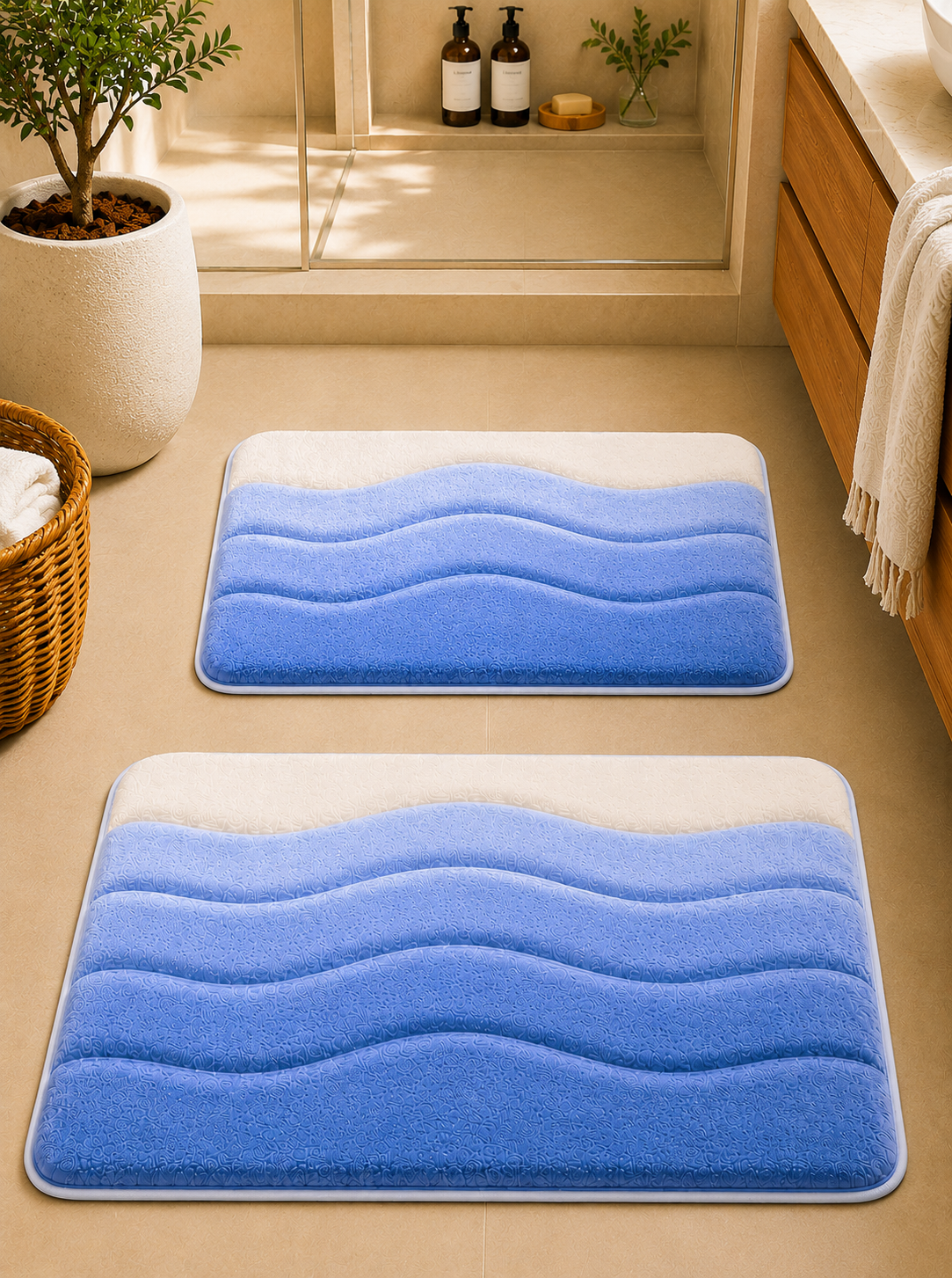 Süngerli Banyo Paspası Seti Kaymaz Taban - 2'li Banyo Halısı Takımı mavi