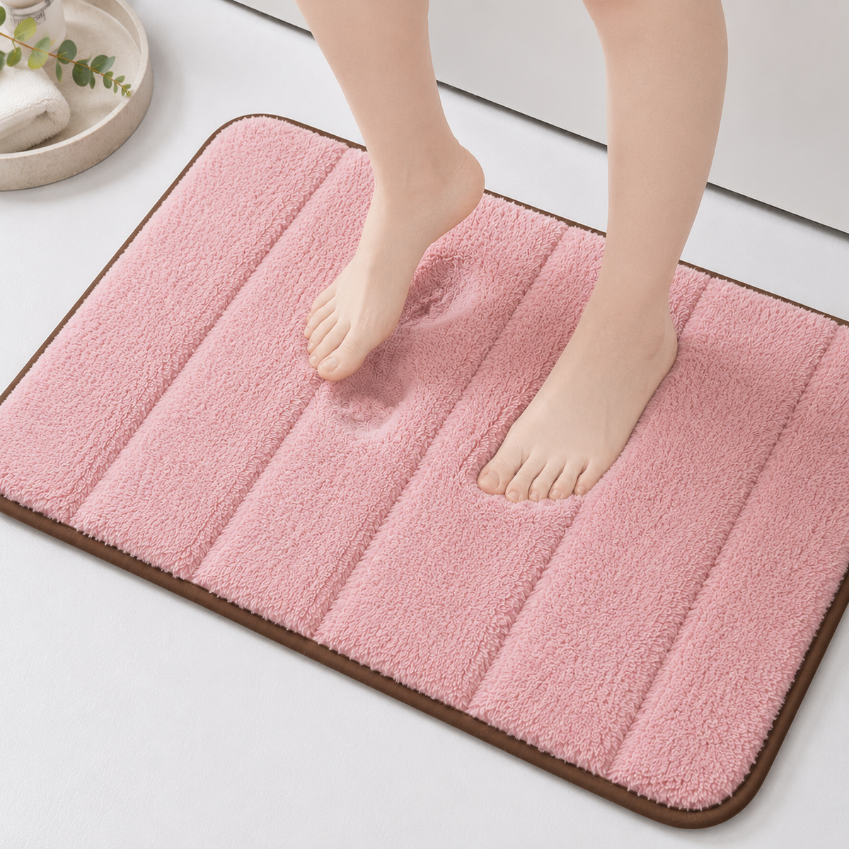 Süngerli Banyo Paspası Seti Kaymaz Taban - Pembe Peluş