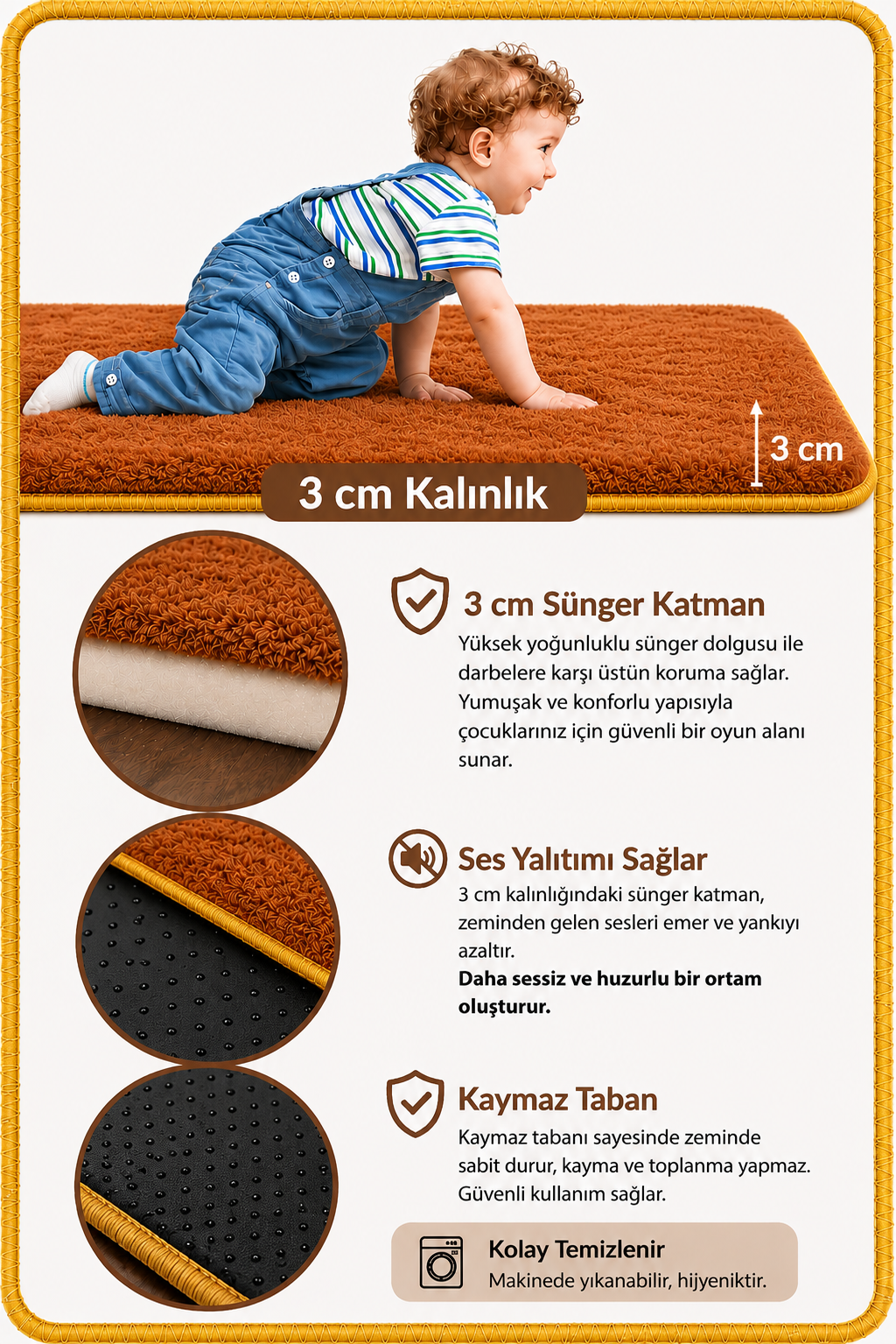 3 cm Süngerli Welsoft Bebek Oyun Matı | Kaymaz Taban Kahverengi