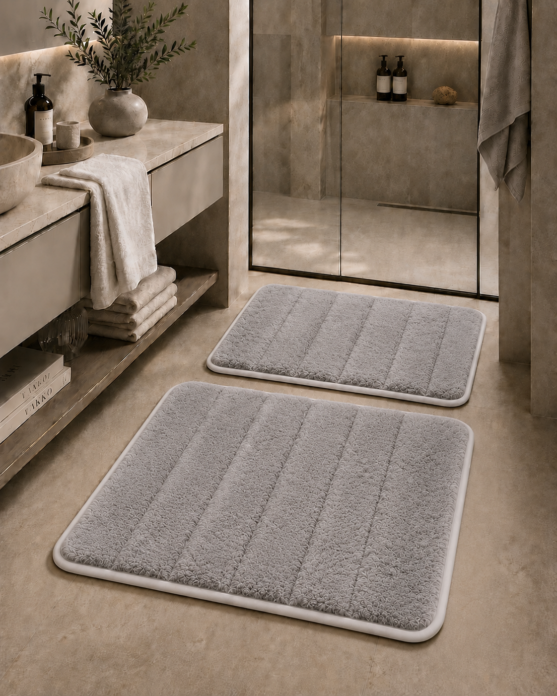Süngerli Banyo Paspası Seti Kaymaz Taban - Gri Peluş
