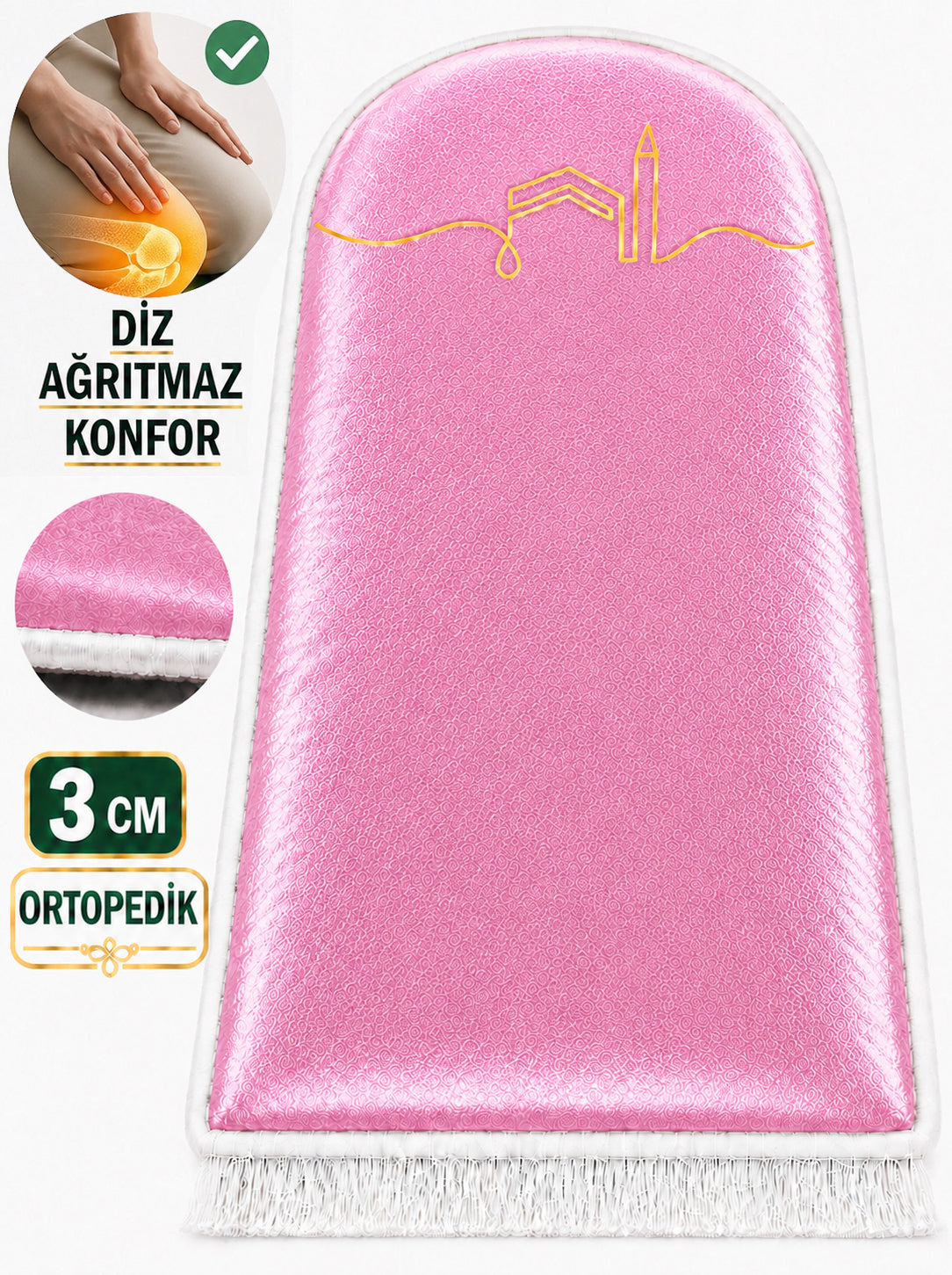3 CM Süngerli Ortopedik Diz Ağrıtmayan Seccade - Pembe Kabeli Kadife