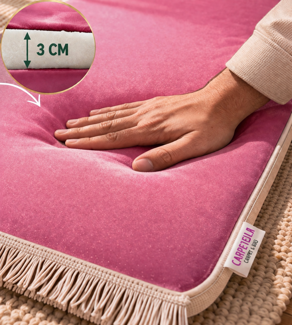 3 CM Süngerli Ortopedik Seccade - Pembe Kabeli Kadife