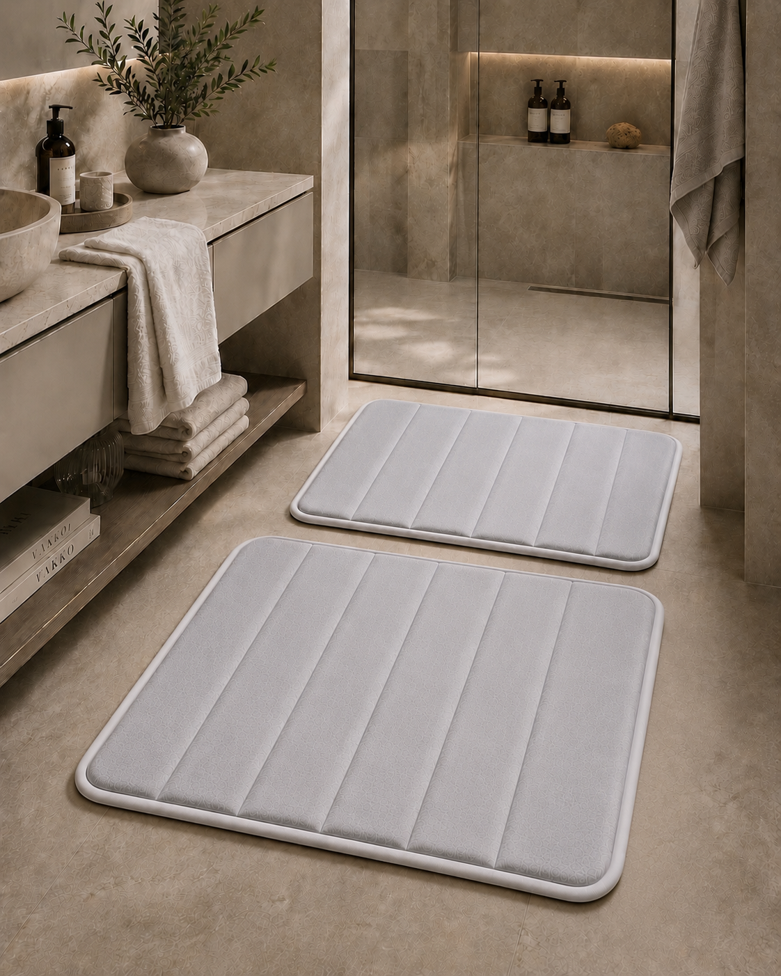 Süngerli Banyo Paspas Seti 2'li - Gri (60x80 cm & 40x70 cm)