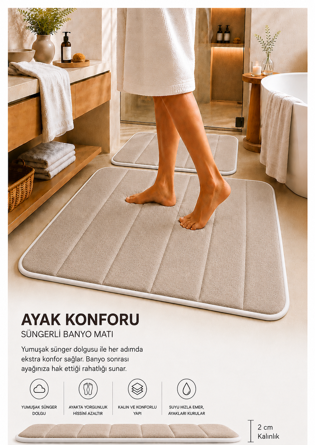 Süngerli Banyo Paspas Seti 2'li - Bej (60x80 cm & 40x70 cm)