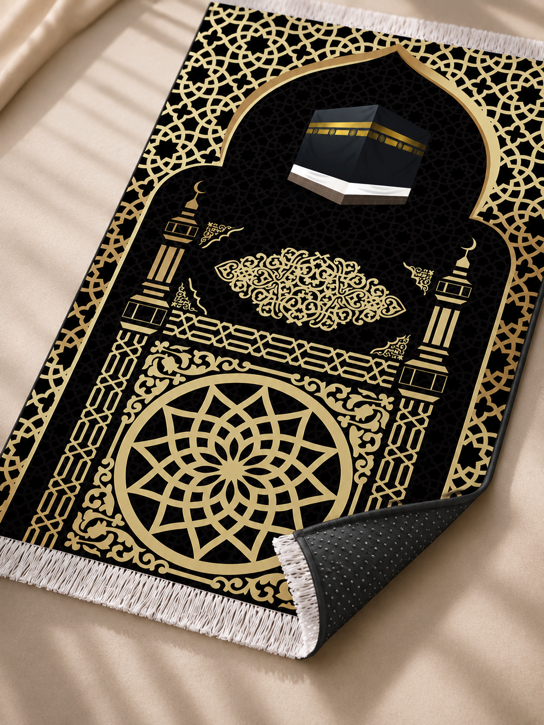 Kadife Seccade Kaymaz Taban - Gold Siyah