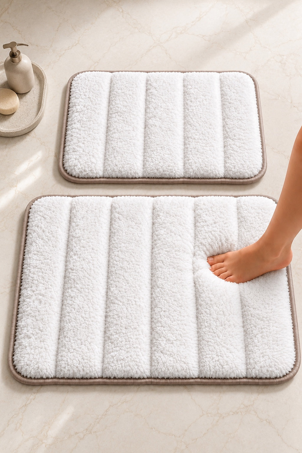 Süngerli Banyo Paspası Seti Kaymaz Taban - Beyaz Peluş