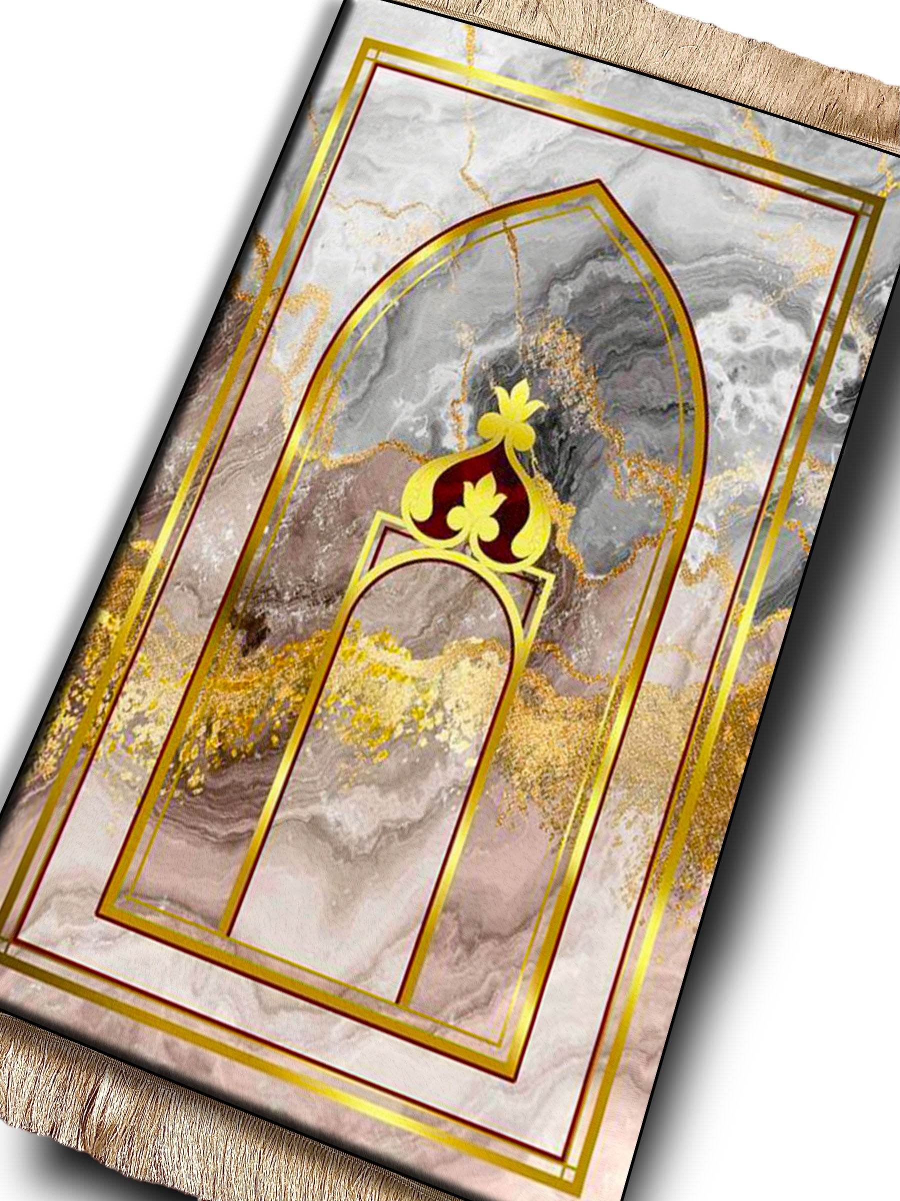 Gold Mermer Keten Astarlı Kadife Seccade - 70x120cm - Carpetella