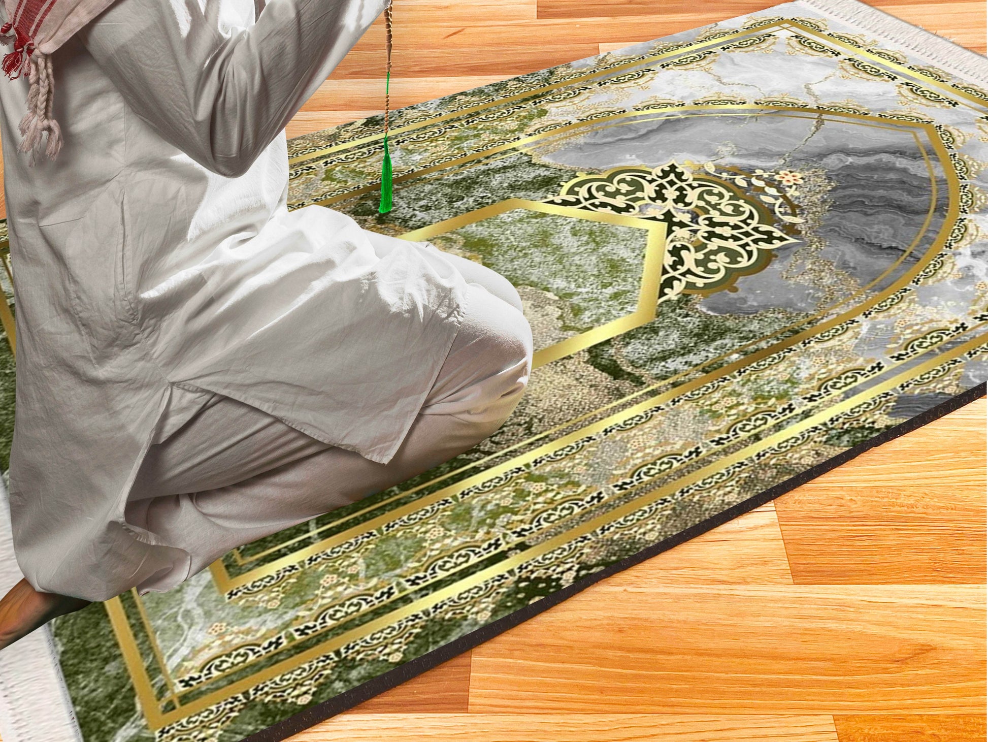 Yeşil Gold Keten Astarlı Kadife Seccade - 70x120cm - Carpetella