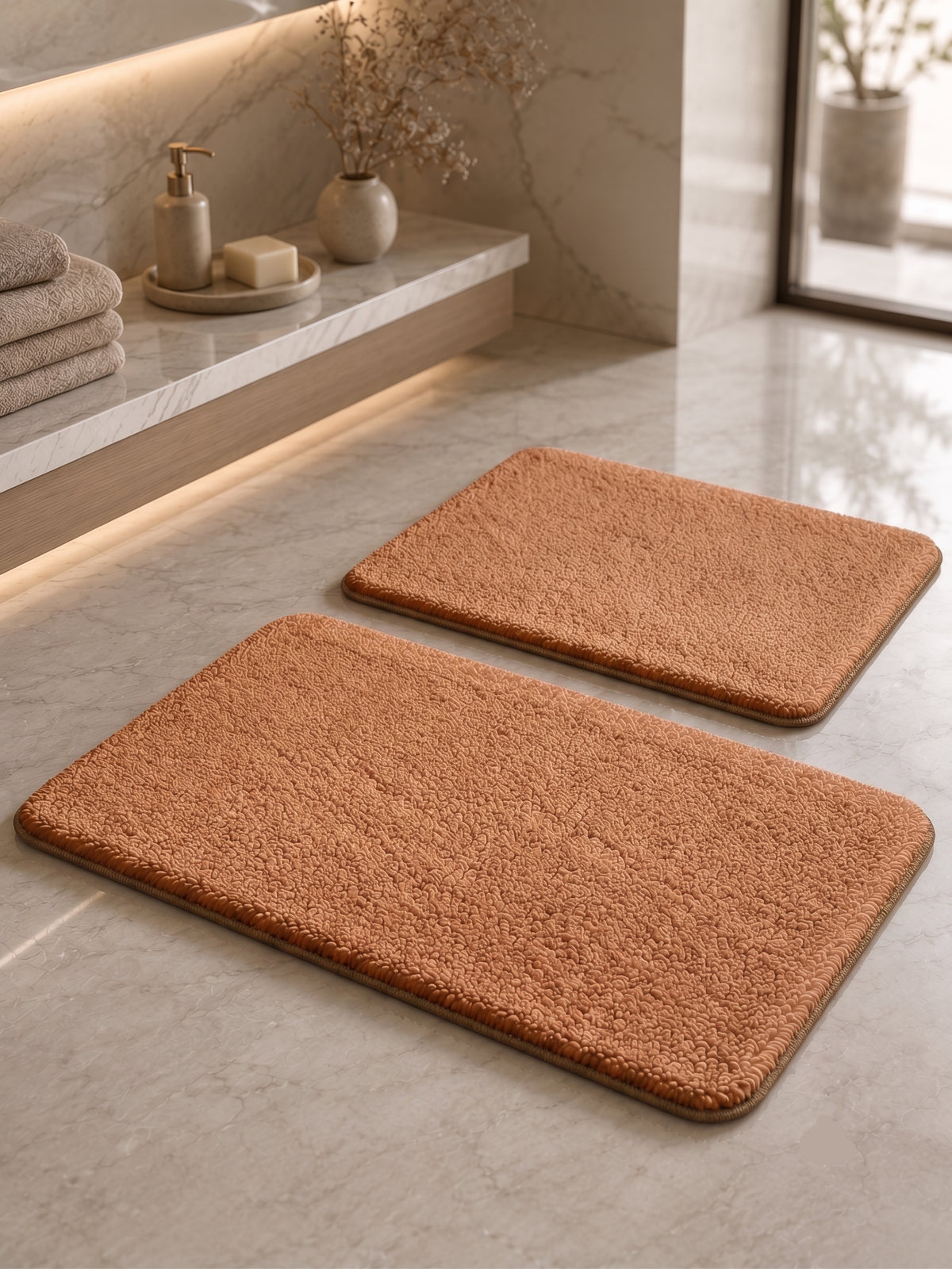 Kaydırmaz Banyo Paspası Seti - 2'li Peluş Banyo Halısı Kahverengi